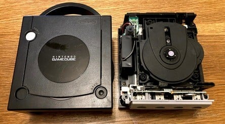 Clockwise, from top left: 1) What you'll need for the mod. 2) Remove the lid and you'll find that there are lots of screws to remove in order to detach the GameCube's optical drive assembly. 3) Under the drive, you'll need to remove more screws to detach the actual optical drive – the GC Loader connects to the metal plate, which you'll need to retain. 4) The GC Loader slots into the connection which was used to link the drive to the mainboard.