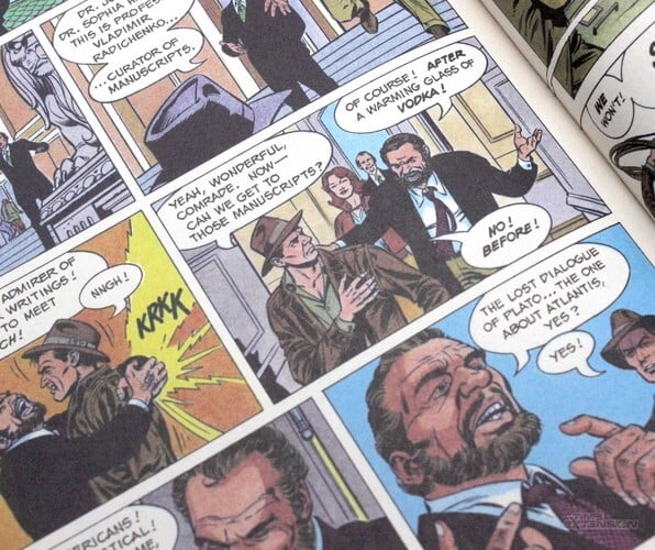 In the Fate of Atlantis comic book, Indy &amp; Sophia visit Leningrad to track down a copy of Plato's lost dialogue - the Hermocrates. They are unsuccessful and eventually discover there's another copy of the book housed within the Dunlop Collection at Barnett College. Meanwhile, Marcus Brody travels to Cadiz and retrieves a stone disc