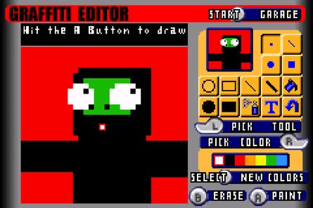 Another new piece of tech created for the Jet Set Radio's GBA port was a version of the Dreamcast game's graffiti editor. This let you create pixel artwork, which you could then later spray across while completing missions. As Vicarious Visions wasn't going to have players create pixel art for each of the different angles in the world, these are only available to spray on walls facing directly toward you