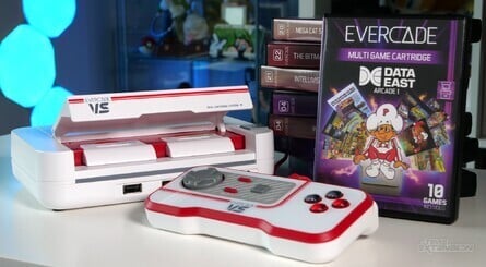 The Evercade line of systems includes the home console VS and the portable EXP, as well as the HyperMechTech Pocket
