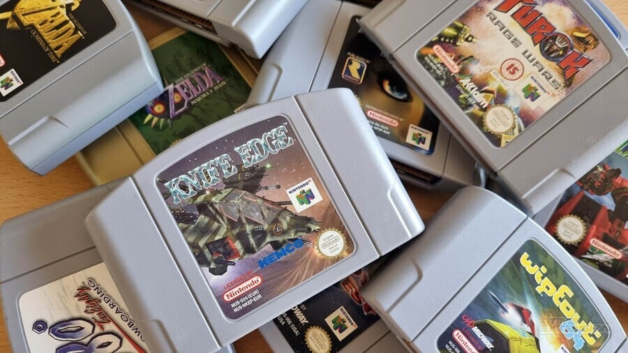 A bundle of N64 game cartridges.